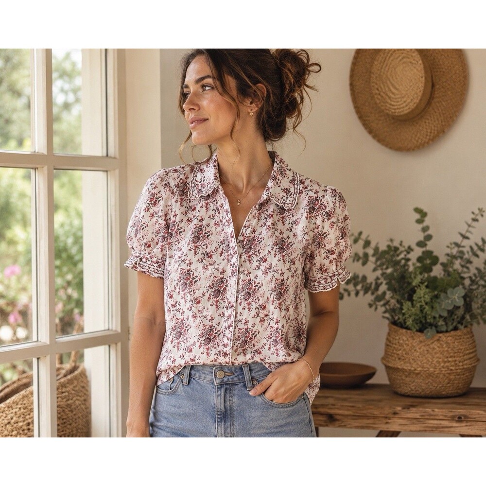 Max Studio Floral Cotton Blouse XS Puff Sleeve Ruffle Collar Cottagecore - Picture 14 of 14
